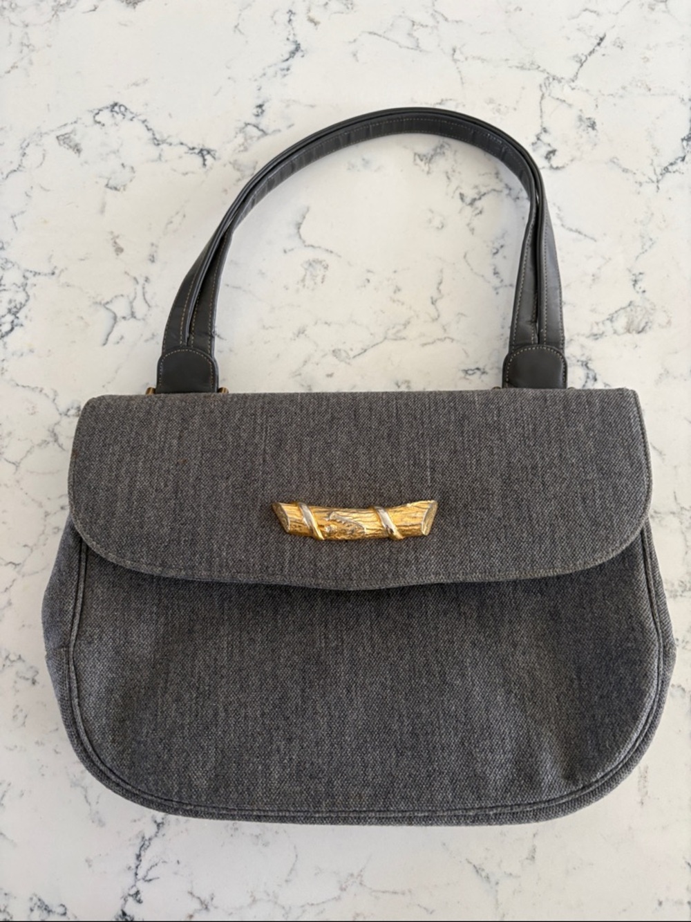 Vintage Gray Women's Structured Shoulder Bag with Gold Accent